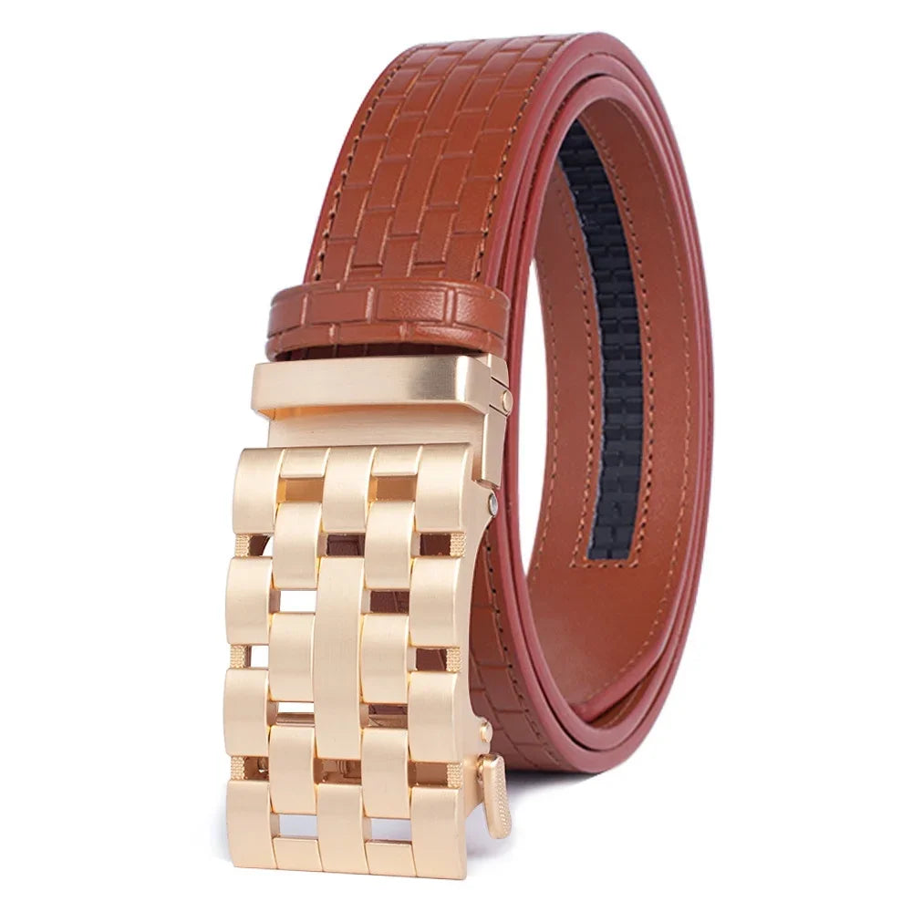 2023 Men Belt Metal Luxury Brand Automatic Buckle Plaid Genuine Leather Belts for Men Waist Strap Black Male
