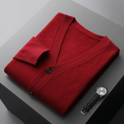 100% Pure Wool Sweater Autumn Winter New Men's Cardigan V-Neck Buckle Jacket Loose Casual Cashmere Knitted Sweater Long Sleeveds
