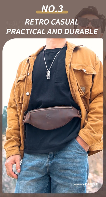 BULLCAPTAIN Men's Crazy Horse Leather Belt Bag Classic Retro Crossbody Bag Outdoor Storage Mountaineering Mobile Phone Bag