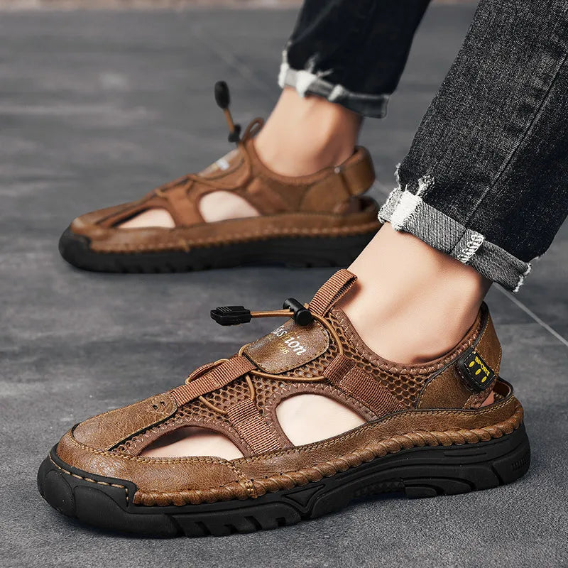 Men's Handmade Simple Letter-Print Sandals, Summer Beach Hollow Sandals, Fashionable Velcro Men's Shoes, Outdoor Hiking and River-Tracing Shoes, Comfortable, Breathable, Wear-Resistant, Non-Slip, Large Size Men's Shoes