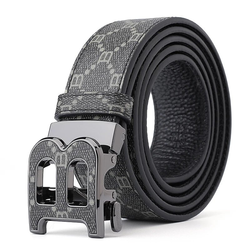 Classic B Print Leather Belt for Men - Adjustable Ratchet Buckle Dress Belt for Suits & Trousers