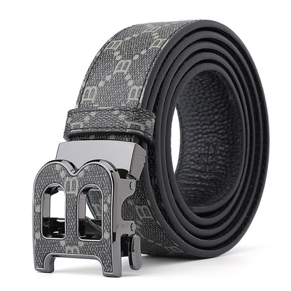 Classic B Print Leather Belt for Men - Adjustable Ratchet Buckle Dress Belt for Suits & Trousers
