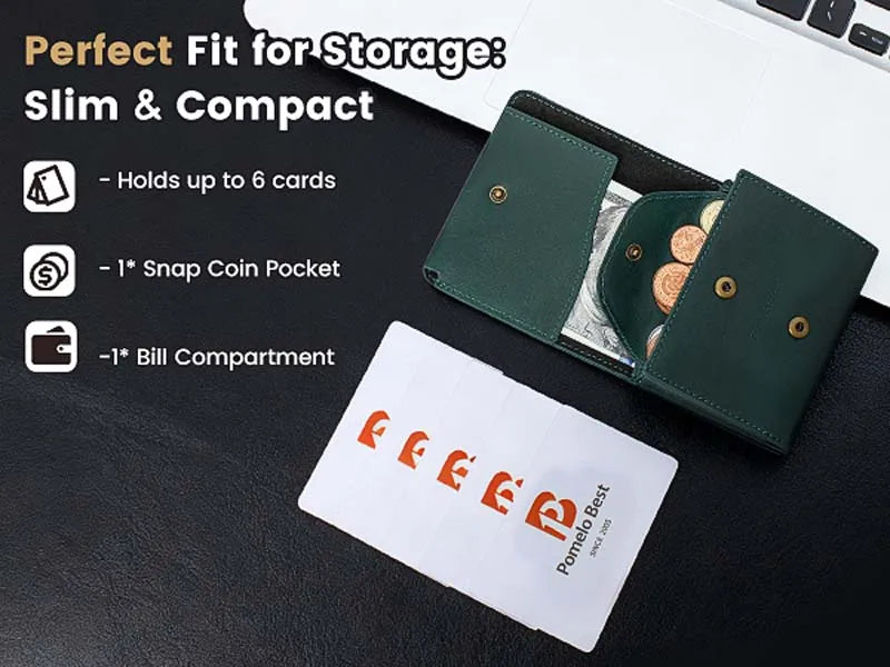 Pomelo Best Portable Men's Bifold Small Vintage Genuine Fine Grain Leather Wallet with Coin Compartment Press Stud Gift for Men