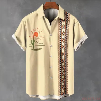 2026 Summer Men's Short-Sleeve Shirt, Coconut Tree Print, Color-Blocked Placket, Casual Vacation Beach Shirt, Hawaiian Shirt