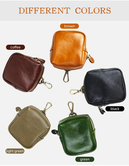 Men's Coin Purse, Genuine Leather Mini Coin Wallet Zipper Pocket with Back Belt Loop Lanyard, Lightweight Keychain Pouch for Men