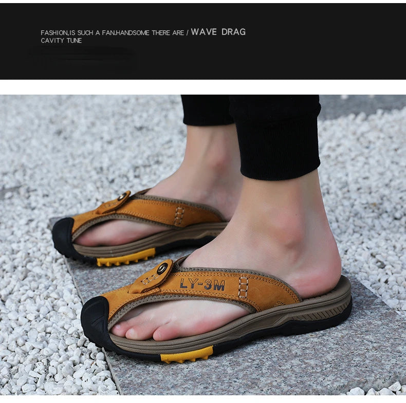Genuine Cow Leather Shoes Men Sandals Flip Flops Men's Casual Shoes Classic Massage Men Beach Slippers Anti-slip Summer 2025 New