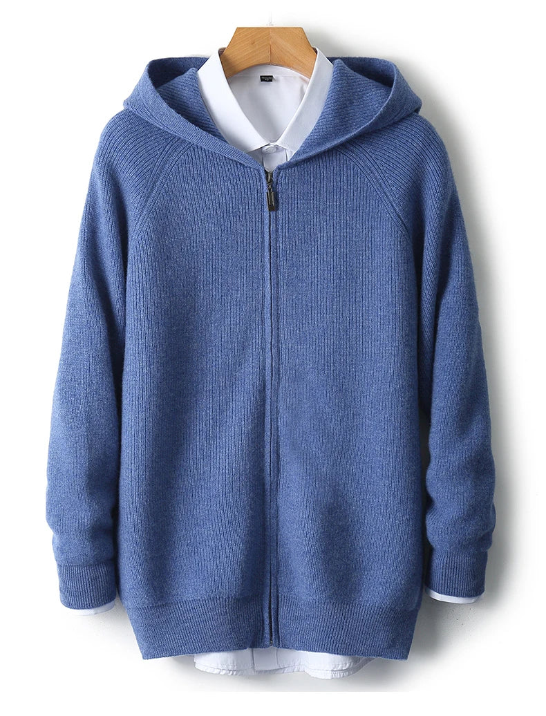 Men 100% Merino Wool Sweater Hooded Zipper Cardigan Autumn Winter Thickened Knit Large-size Jacket Long Sleeved Sportswear Coat