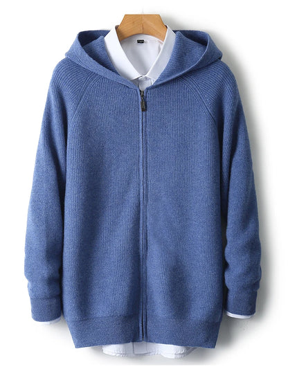 Men 100% Merino Wool Sweater Hooded Zipper Cardigan Autumn Winter Thickened Knit Large-size Jacket Long Sleeved Sportswear Coat