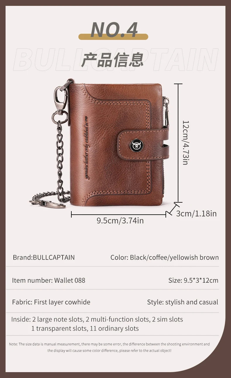 BULLCAPTAIN Men's Genuine Leather Wallet Business Retro Snap Wallet Multifunctional RFID Anti-Theft Zipper Multi-Card Coin Purse