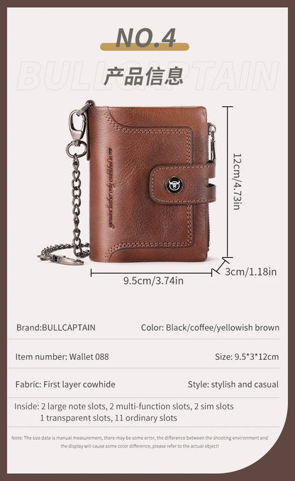 BULLCAPTAIN Men's Genuine Leather Wallet Business Retro Snap Wallet Multifunctional RFID Anti-Theft Zipper Multi-Card Coin Purse