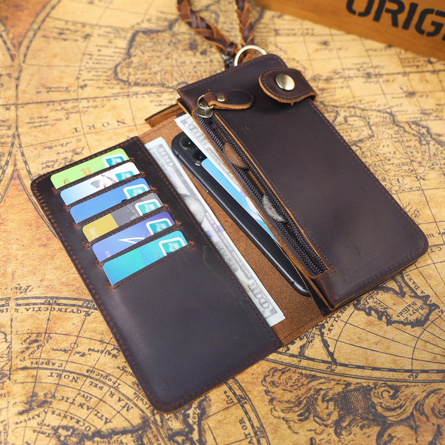 S.WORKER Vintage Crazy Horse Leather Wallet Handmade Men's Genuine Leather Long Wallet Pocket Purse Clutch Cash Card Holder