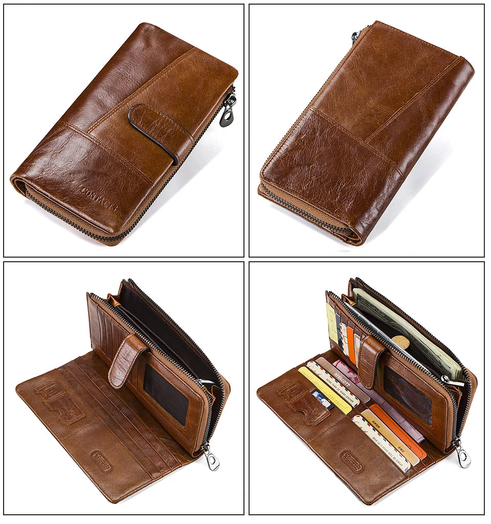 CONTACTS Genuine Leather Men Wallet Long Vintage Bifold Men's Wallet Zipper Coin Purses Large Capacity Money Clips Card Holder