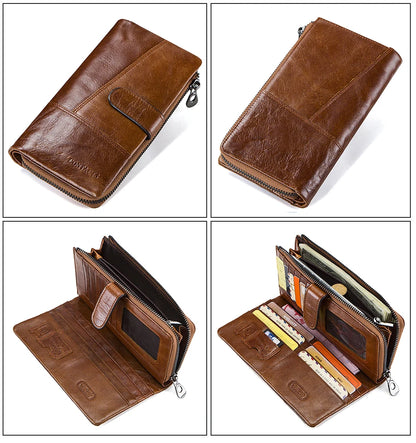 CONTACTS Genuine Leather Men Wallet Long Vintage Bifold Men's Wallet Zipper Coin Purses Large Capacity Money Clips Card Holder