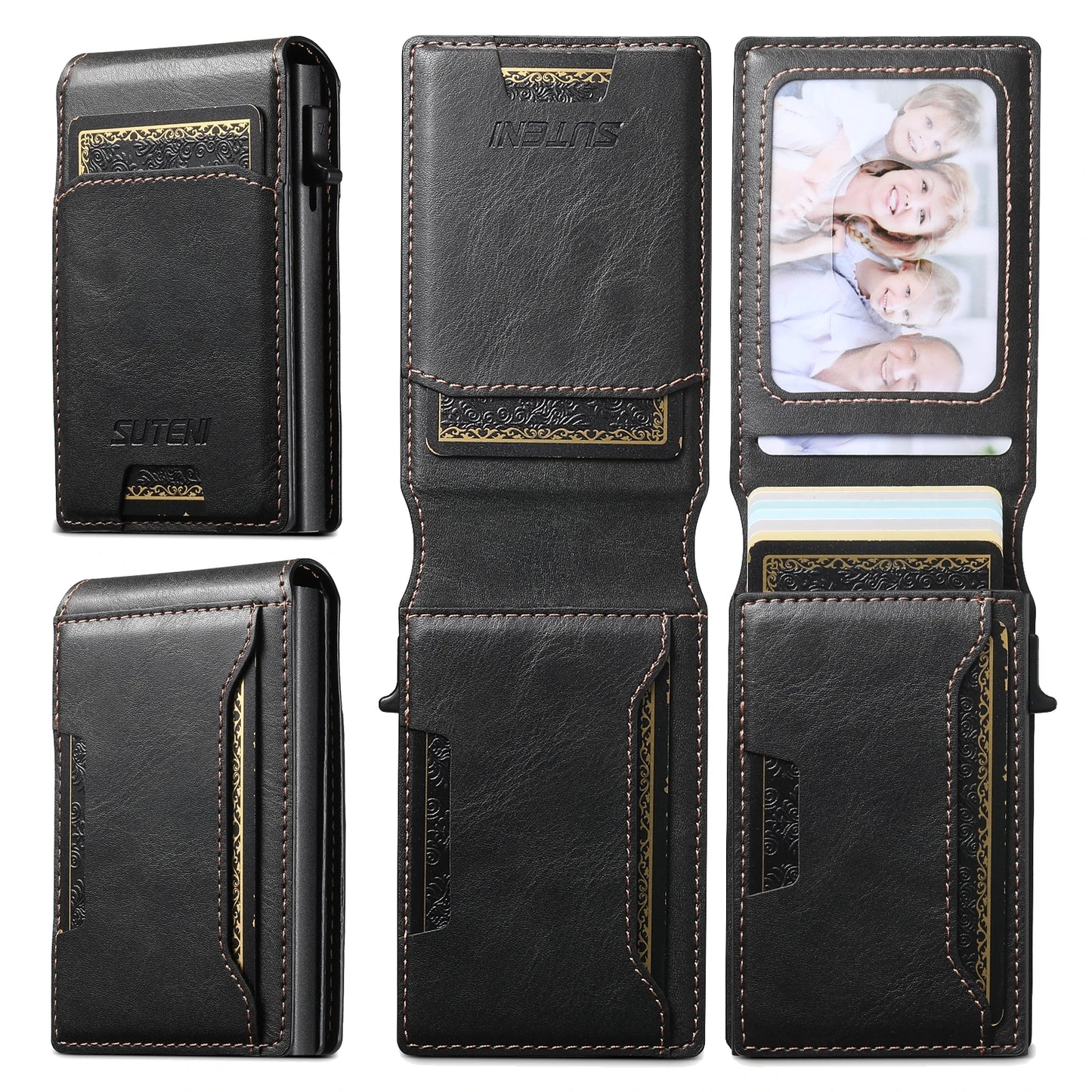 SUTENI PU Leather For Men Wallet Card Slot Wallet Flip Cover card box Pressing The Button Automatically Ejects The Card