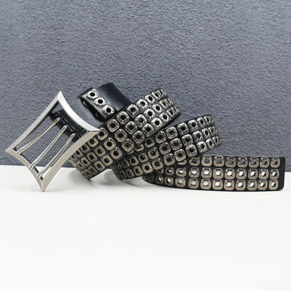 Rock Genuine Leather Luxury Punk Belt Jeans Heavy duty Hollow manual  Designer Brand Belt Men Rivet Three-pin buckle Belt Male