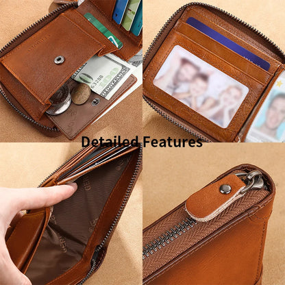 Wallet for men genuine leather zipper wallet, change card bag, all-in-one wallet, trendy short clip for men