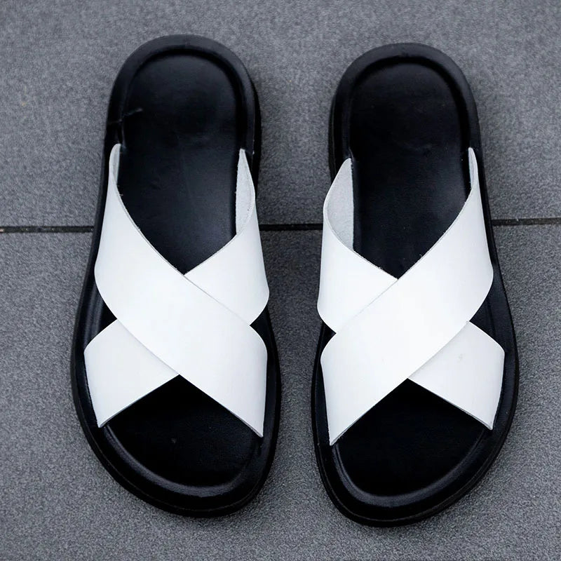New Arrivals Italian Leather Slippers for Men Summer Hotel Beach High Quality Slip on Light Flats Male Flip Flops Big Size 38-47