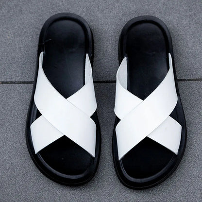 New Arrivals Italian Leather Slippers for Men Summer Hotel Beach High Quality Slip on Light Flats Male Flip Flops Big Size 38-47