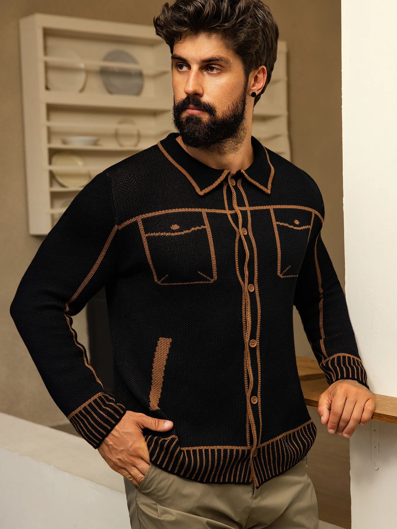 Men's Comfortable Open Cardigan Autumn Winter Casual Knitwear with Fake Pocket Design Fashionable Men's Sweater