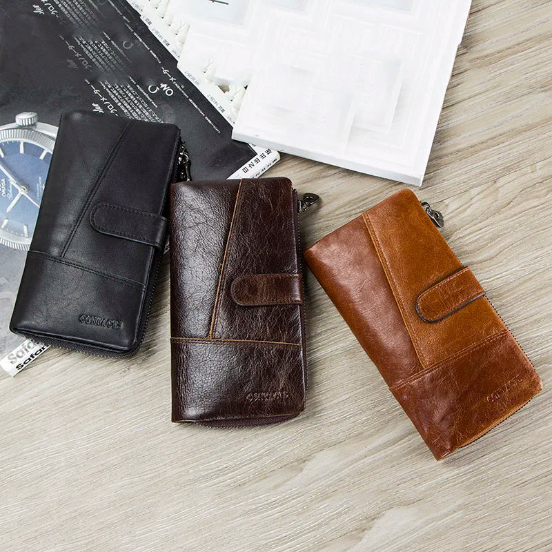 CONTACTS Genuine Leather Men Wallet Long Vintage Bifold Men's Wallet Zipper Coin Purses Large Capacity Money Clips Card Holder