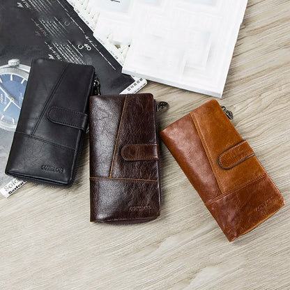 CONTACTS Genuine Leather Men Wallet Long Vintage Bifold Men's Wallet Zipper Coin Purses Large Capacity Money Clips Card Holder