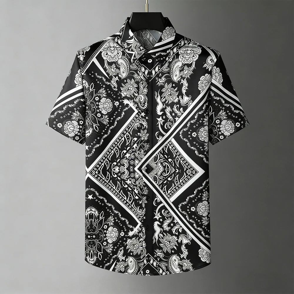 Men's Fashion Retro Breathable Soft Short Sleeve Shirt Gold Pattern Natural 3D Printed Shirt Men's Wedding Casual Party Tops Men