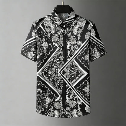 Men's Fashion Retro Breathable Soft Short Sleeve Shirt Gold Pattern Natural 3D Printed Shirt Men's Wedding Casual Party Tops Men