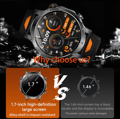 Newly Durable 1400mAh Large Battery Smart Watch Men 1.7" HD Screen IP68K Waterproof LED Flashlight Sports BT Call Smart Bracelet