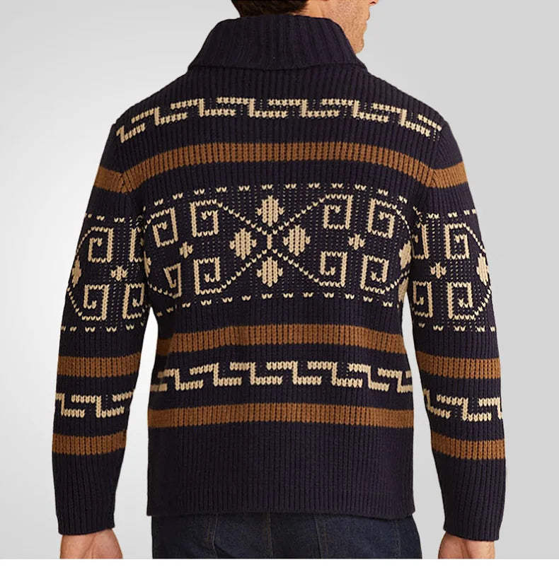 Men's Geometric Knit Cardigan Shawl Collar Full Zip-Up Tribal Print Sweater Chunky Ribbed Knit Vintage Navajo-Inspired Jacket