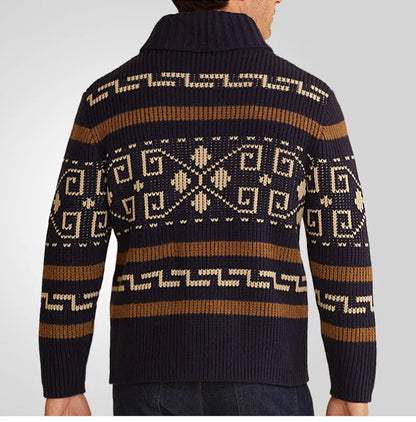 Men's Geometric Knit Cardigan Shawl Collar Full Zip-Up Tribal Print Sweater Chunky Ribbed Knit Vintage Navajo-Inspired Jacket